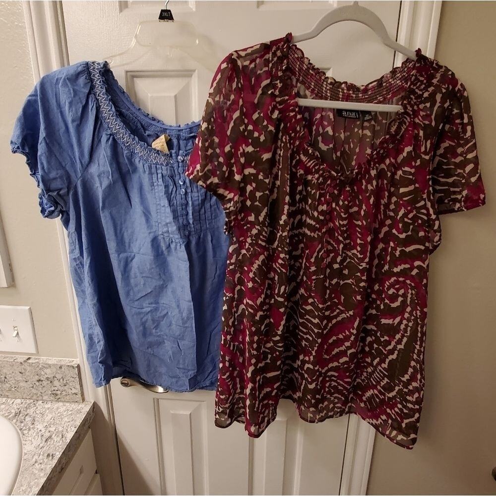 Lot of 2 Faded Glory & a.n.a Plus Size 2X XXL Blue Cotton & Patterned Tops